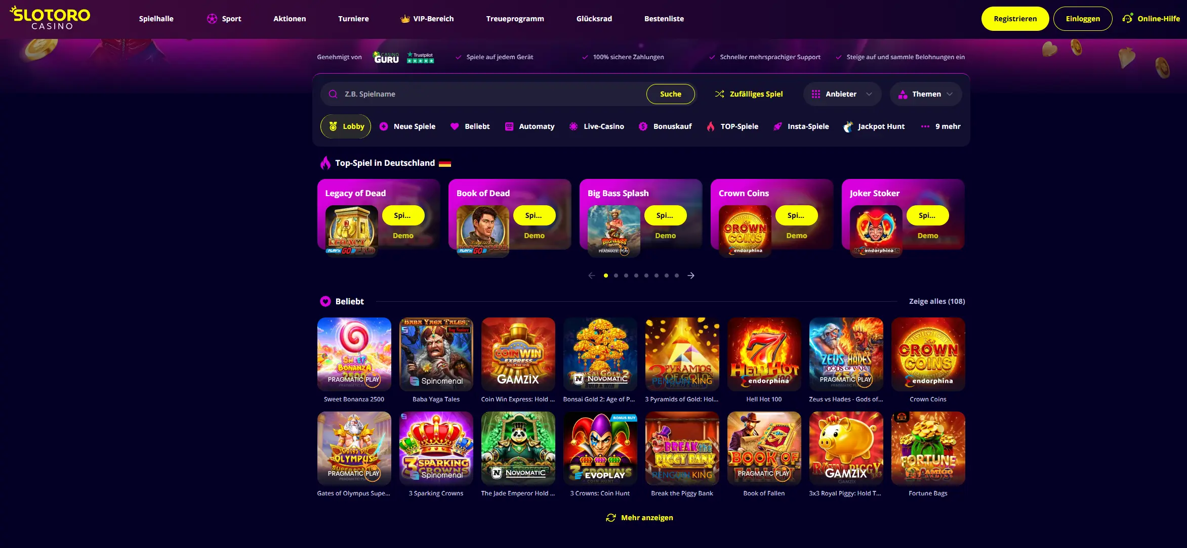 Slotoro Casino lobby si jocuri