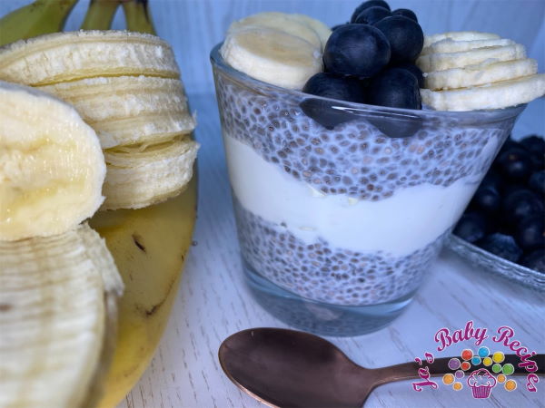 Chia pudding with Greek yogurt, bananas and baby blueberries