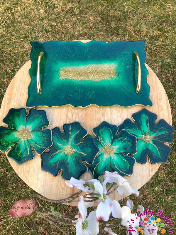 Rectangular tray set and 4 ribs of green flower with gold (2) of resin, PWE-24